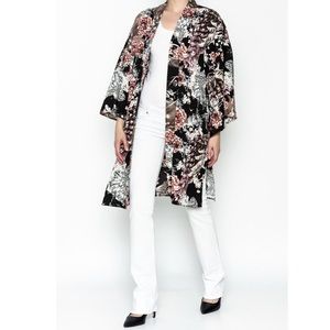 Floral print wide sleeve kimono